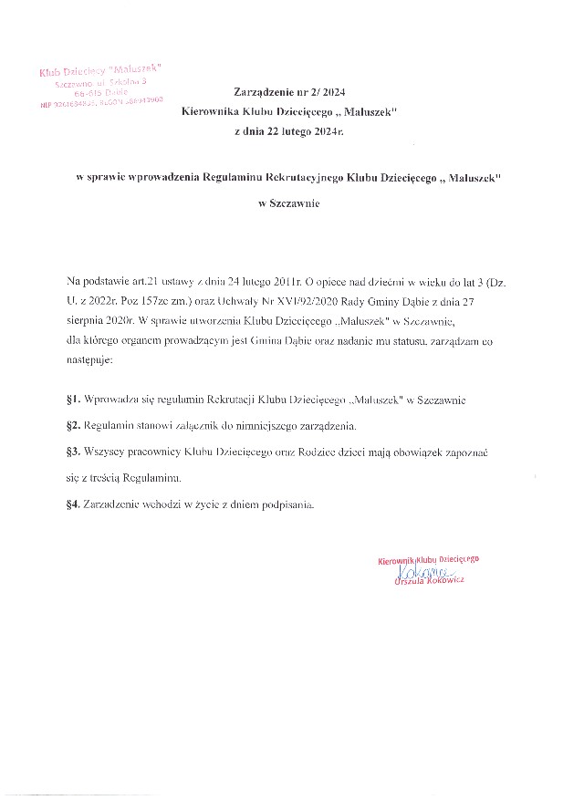 zarzadzenie nr 2 w sprawie wprowadzenia Regulaminu Rekrutacyjnego Klubu Dzieciecego